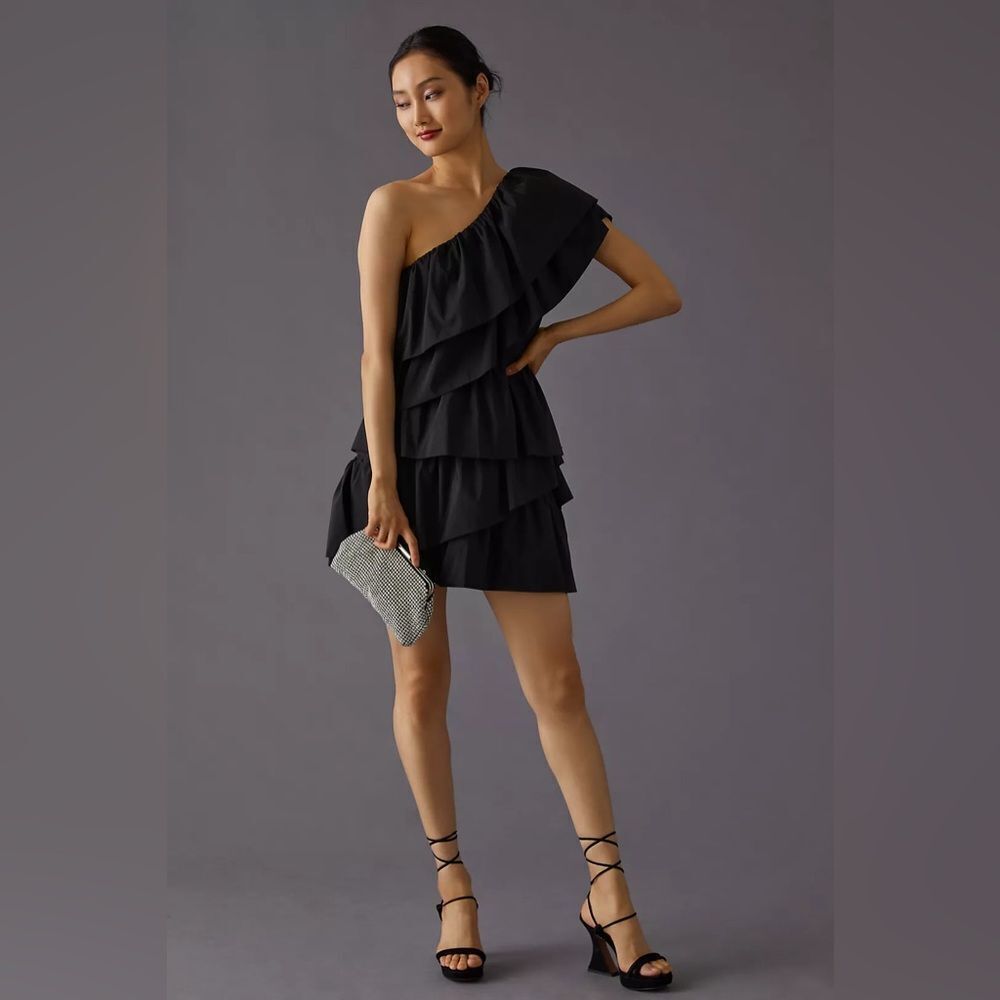 Anthropologie Tiered Mini Dress ENDLESS ROSE BLACK RUFFLED ONE SHOULDER